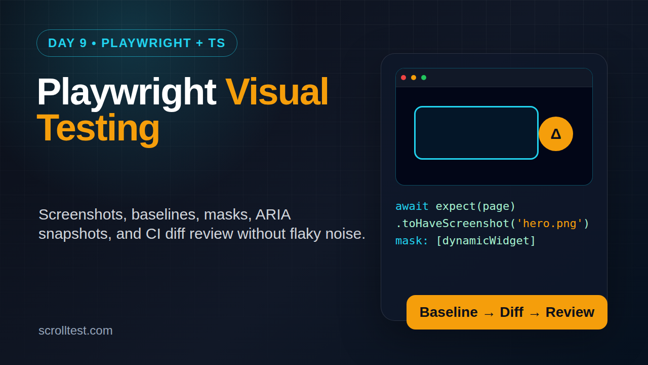Playwright visual testing Day 9 featured image with screenshot baselines and diff review