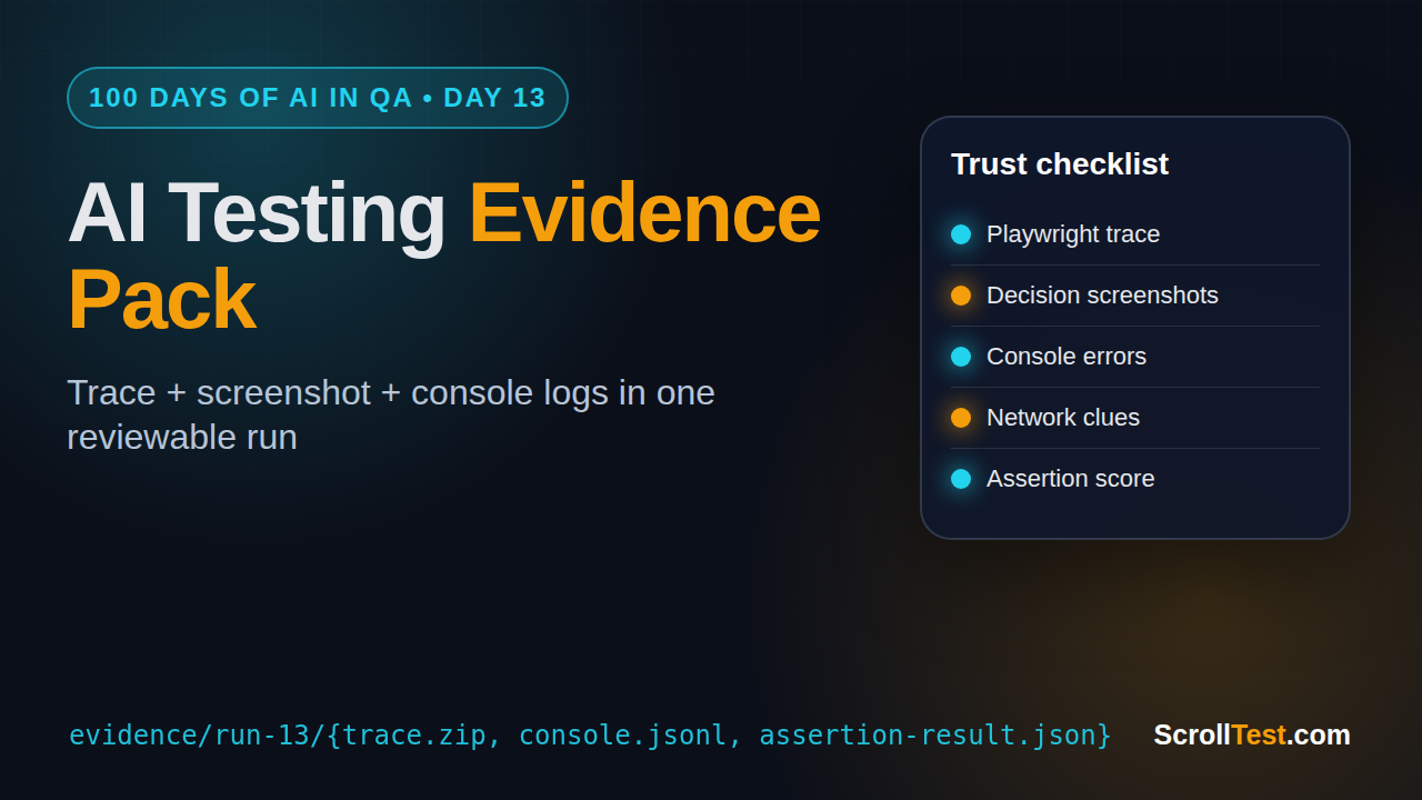 AI testing evidence pack with trace screenshot console logs and assertion score