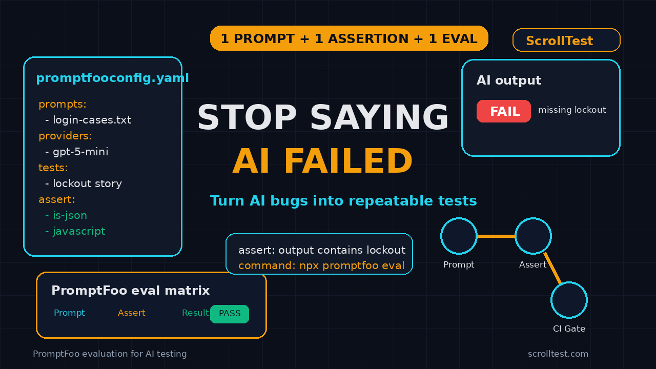 PromptFoo evaluation for AI testing featured image showing eval matrix, assertions, AI output, and CI gate