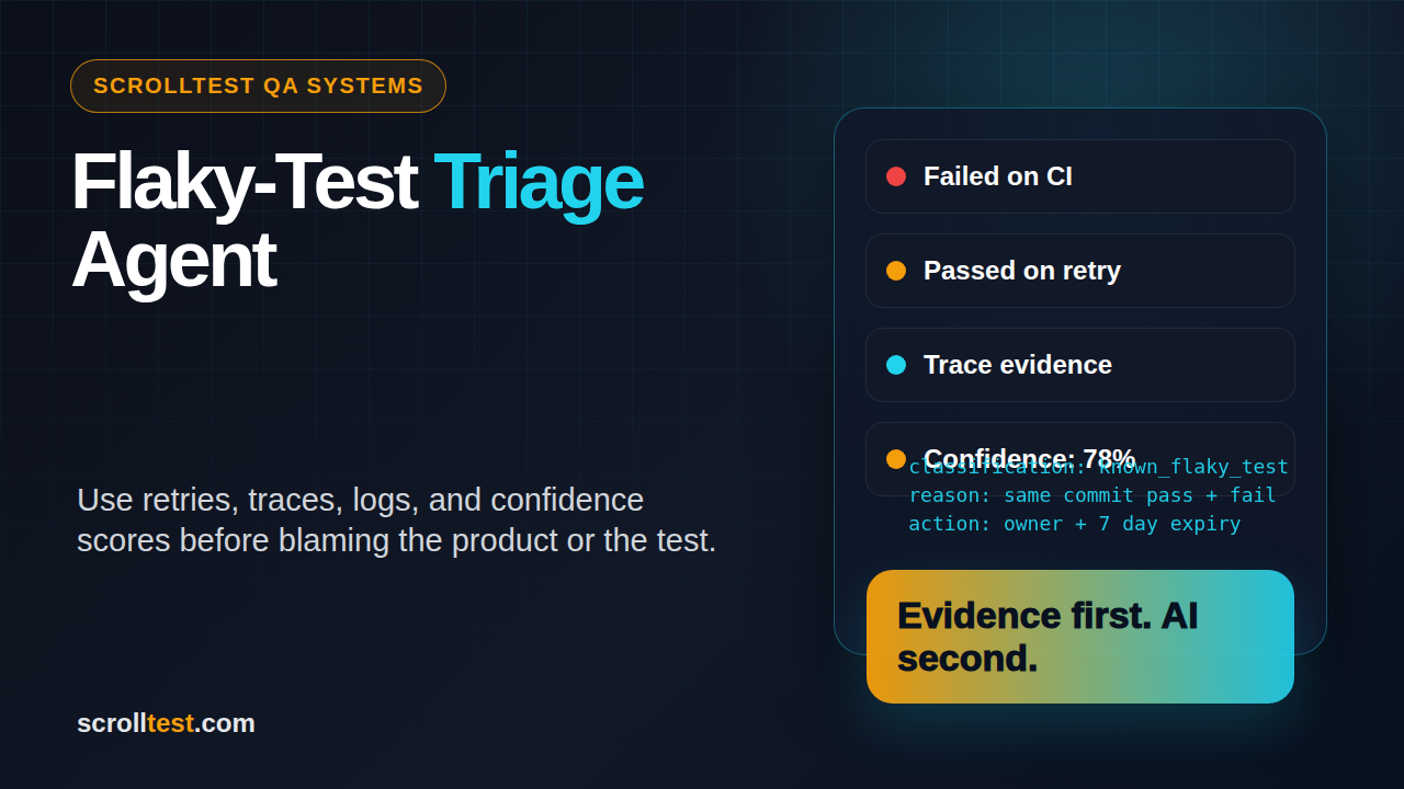 flaky-test triage agent featured image showing retries traces logs and confidence score