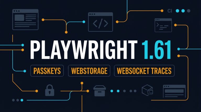 Playwright 1.61 release featured image showing passkeys, WebStorage, and WebSocket traces badges on dark navy background