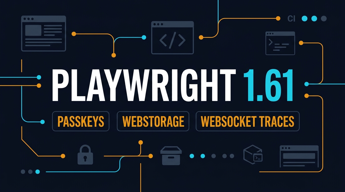 Playwright 1.61 release featured image showing passkeys, WebStorage, and WebSocket traces badges on dark navy background