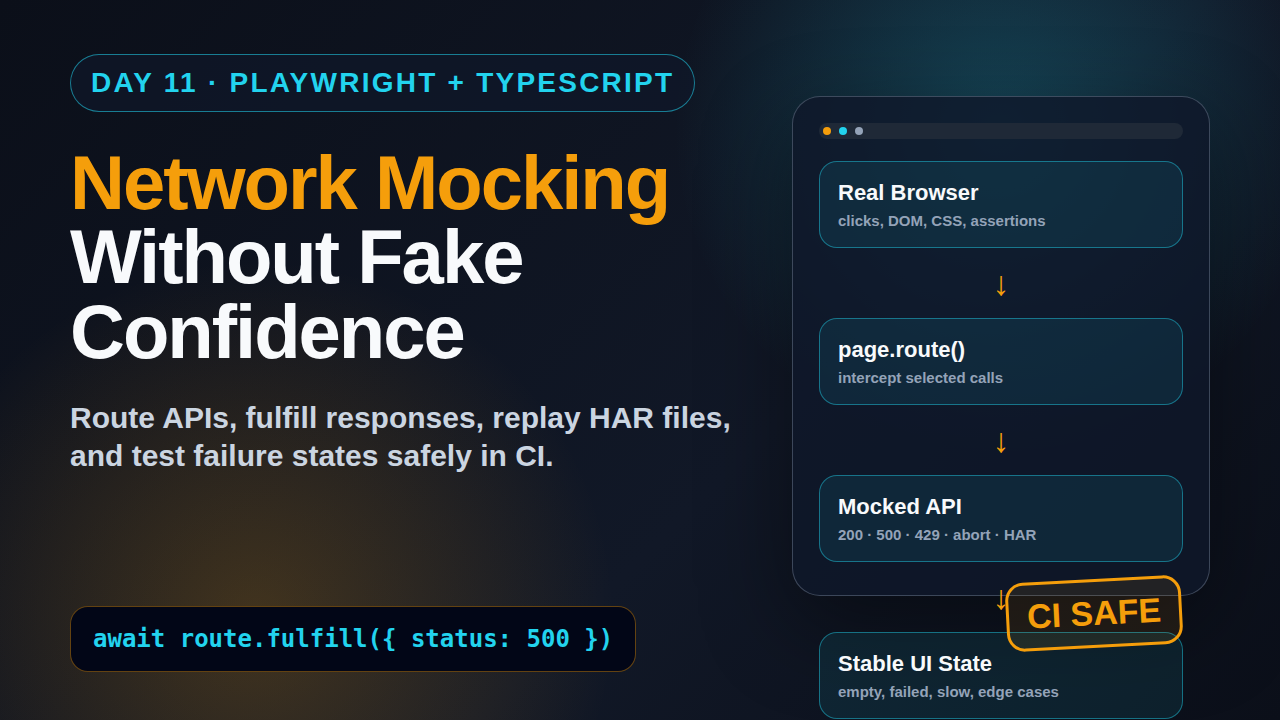 Playwright network mocking Day 11 featured image showing route fulfill and mocked API workflow