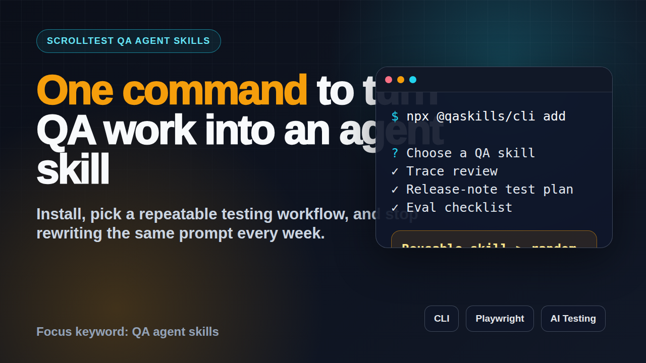QA agent skills featured image showing npx @qaskills/cli add command for testers