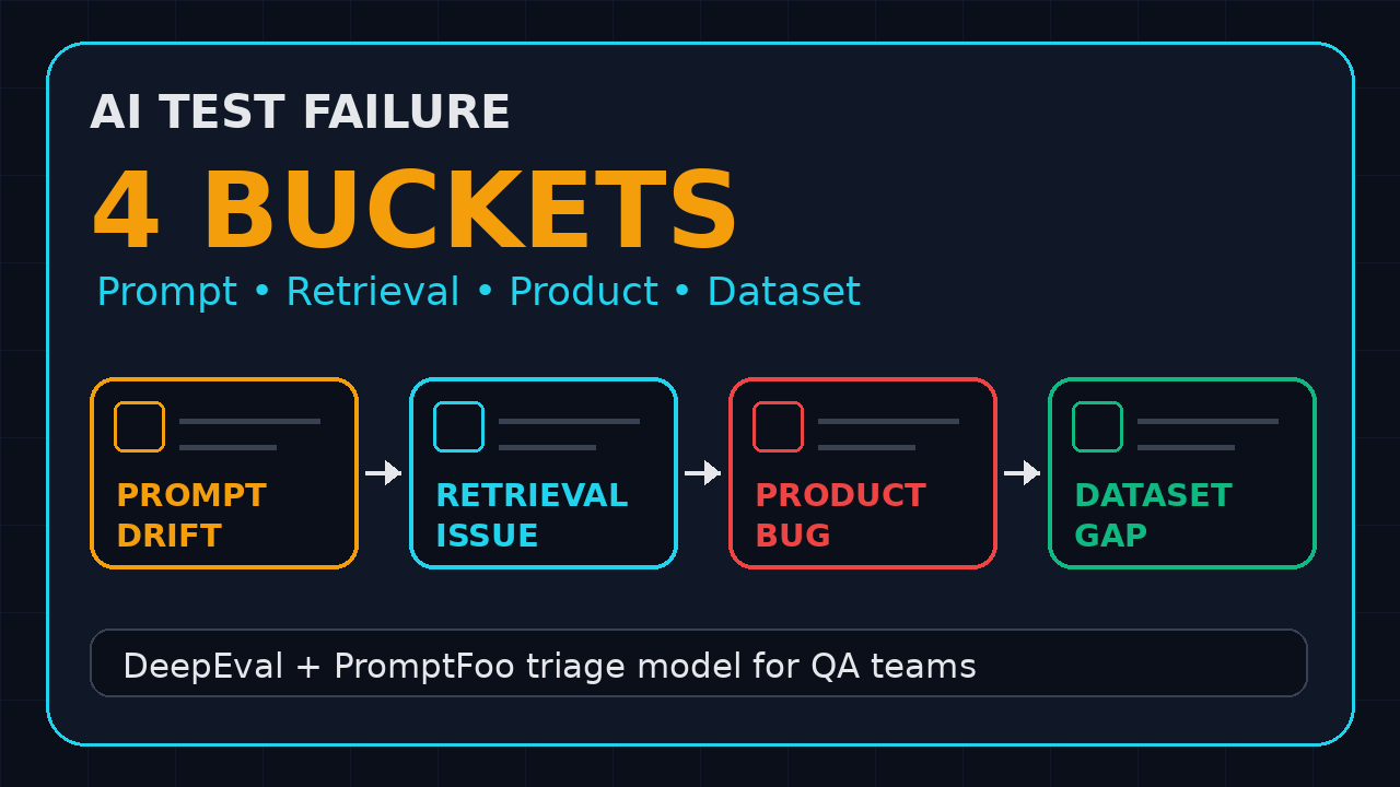 AI test failure classification graphic showing four buckets: prompt drift, retrieval issue, product bug, and dataset gap.