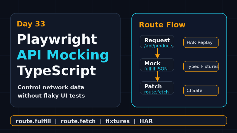 Playwright API mocking TypeScript featured image showing route.fulfill, route.fetch, fixtures, and HAR replay