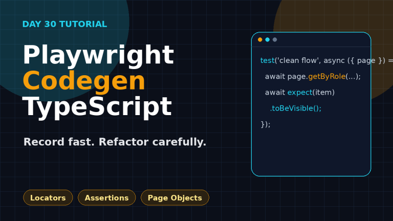 Playwright codegen TypeScript featured image showing locators, assertions, and page objects
