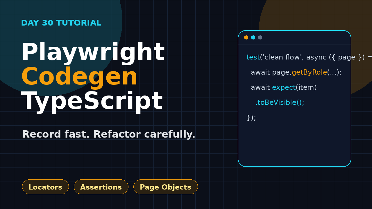 Playwright codegen TypeScript featured image showing locators, assertions, and page objects