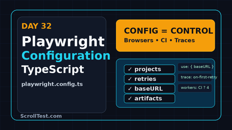 Playwright configuration TypeScript Day 32 featured image showing config control, projects, retries, baseURL, and artifacts