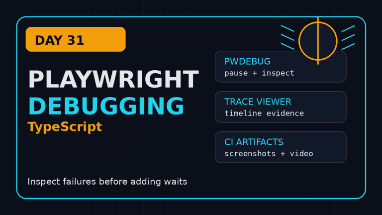 Playwright debugging TypeScript Day 31 featured image showing PWDEBUG, trace viewer, and CI artifacts