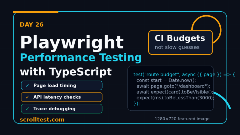Playwright Performance Testing with TypeScript featured image showing CI budgets, API latency checks, and trace debugging