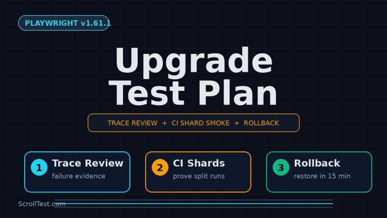 Playwright v1.61.1 upgrade test plan featured image showing trace review, CI shard smoke, and rollback checks