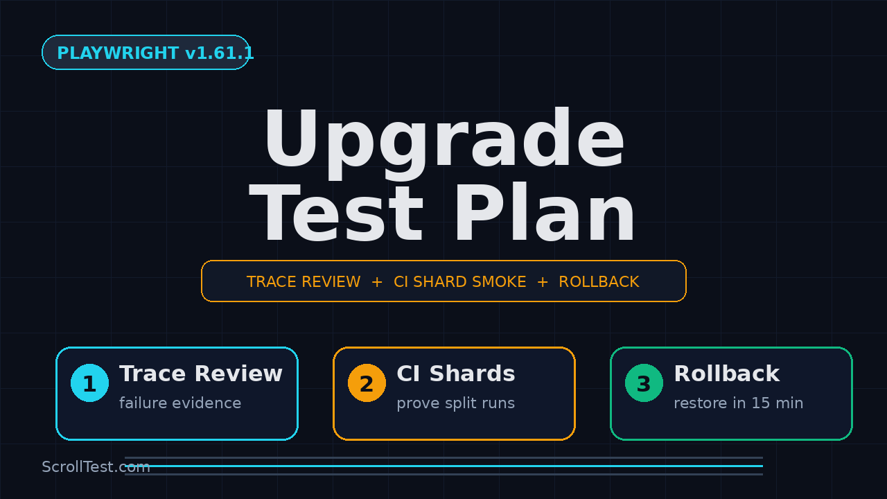 Playwright v1.61.1 upgrade test plan featured image showing trace review, CI shard smoke, and rollback checks