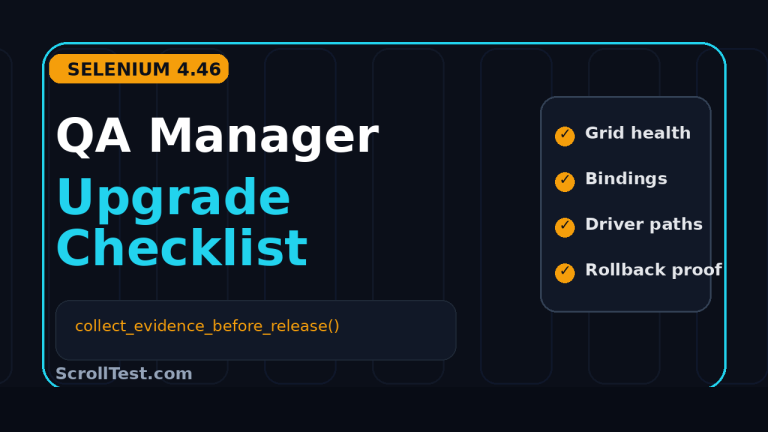 Selenium 4.46 upgrade checklist for QA managers covering Grid, bindings, driver paths, and rollback proof