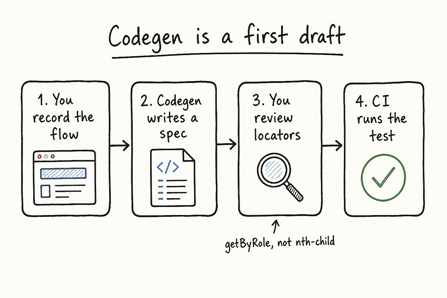 Codegen is a first draft: record the flow, generate a spec, review locators, then CI runs the test
