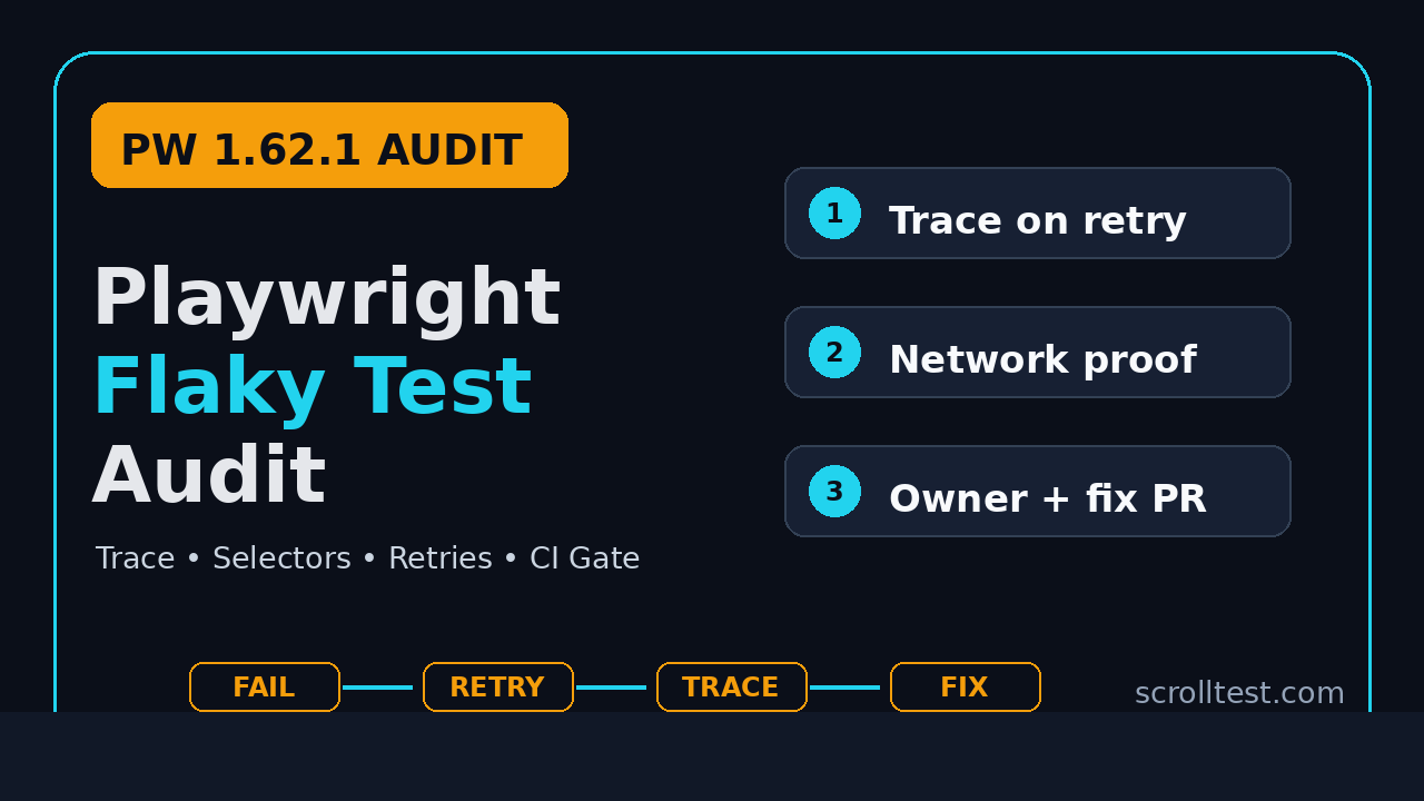 Playwright flaky test audit template cover showing trace, selectors, retries, and CI gate checks