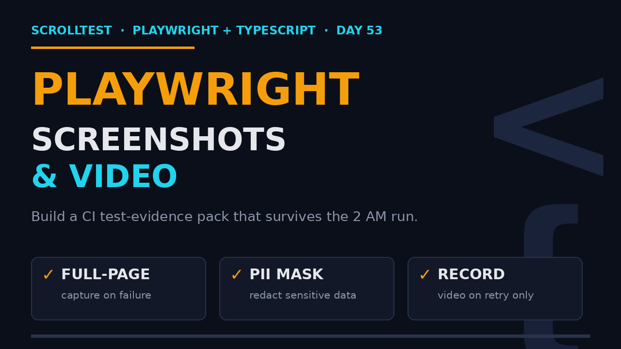 Playwright screenshots and video recording featured image: full-page capture, PII masking, and retry-only video evidence pack in TypeScript
