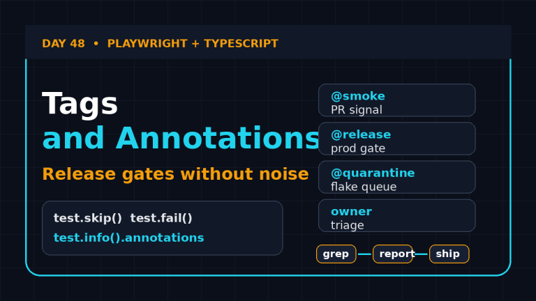 Playwright tags and annotations TypeScript tutorial cover with smoke release quarantine and owner tags