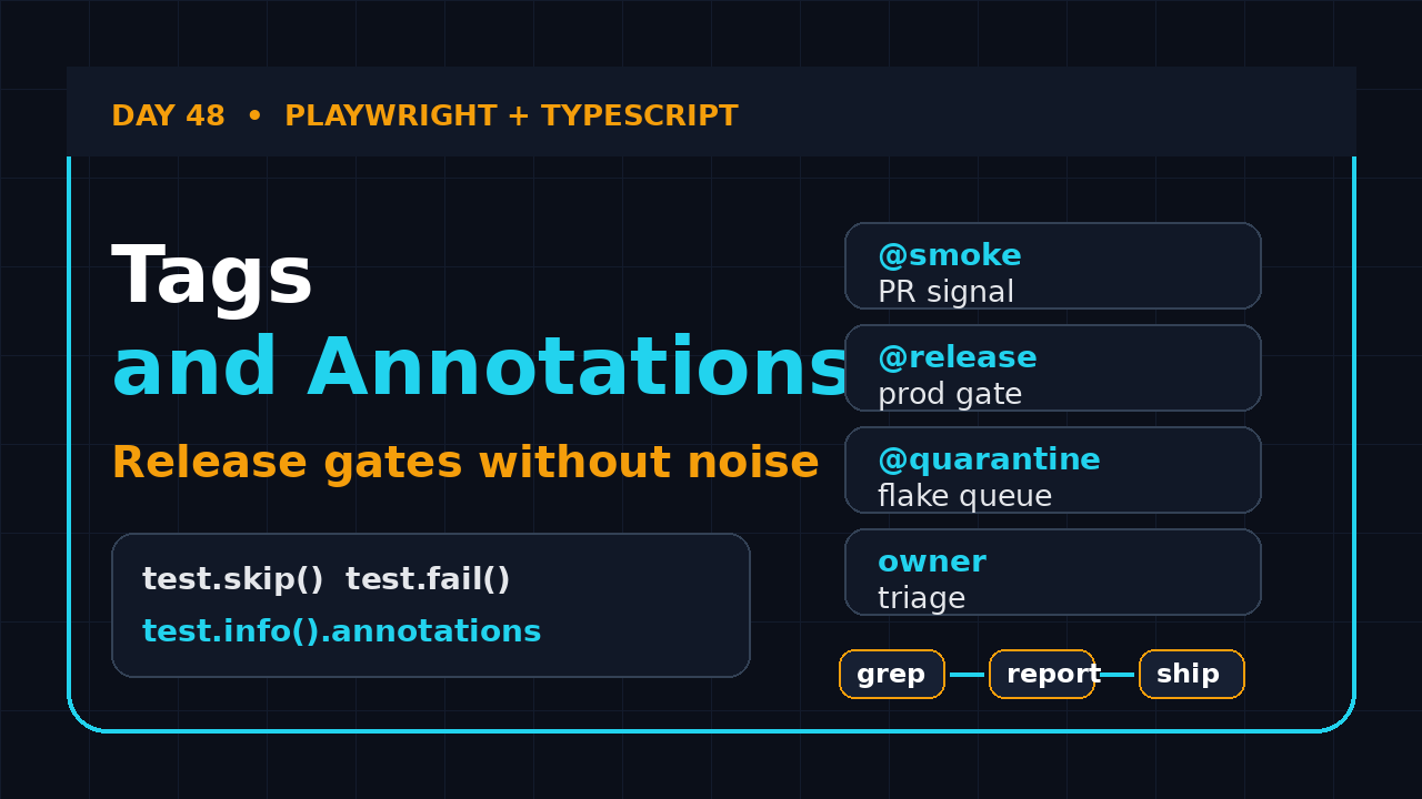 Playwright tags and annotations TypeScript tutorial cover with smoke release quarantine and owner tags