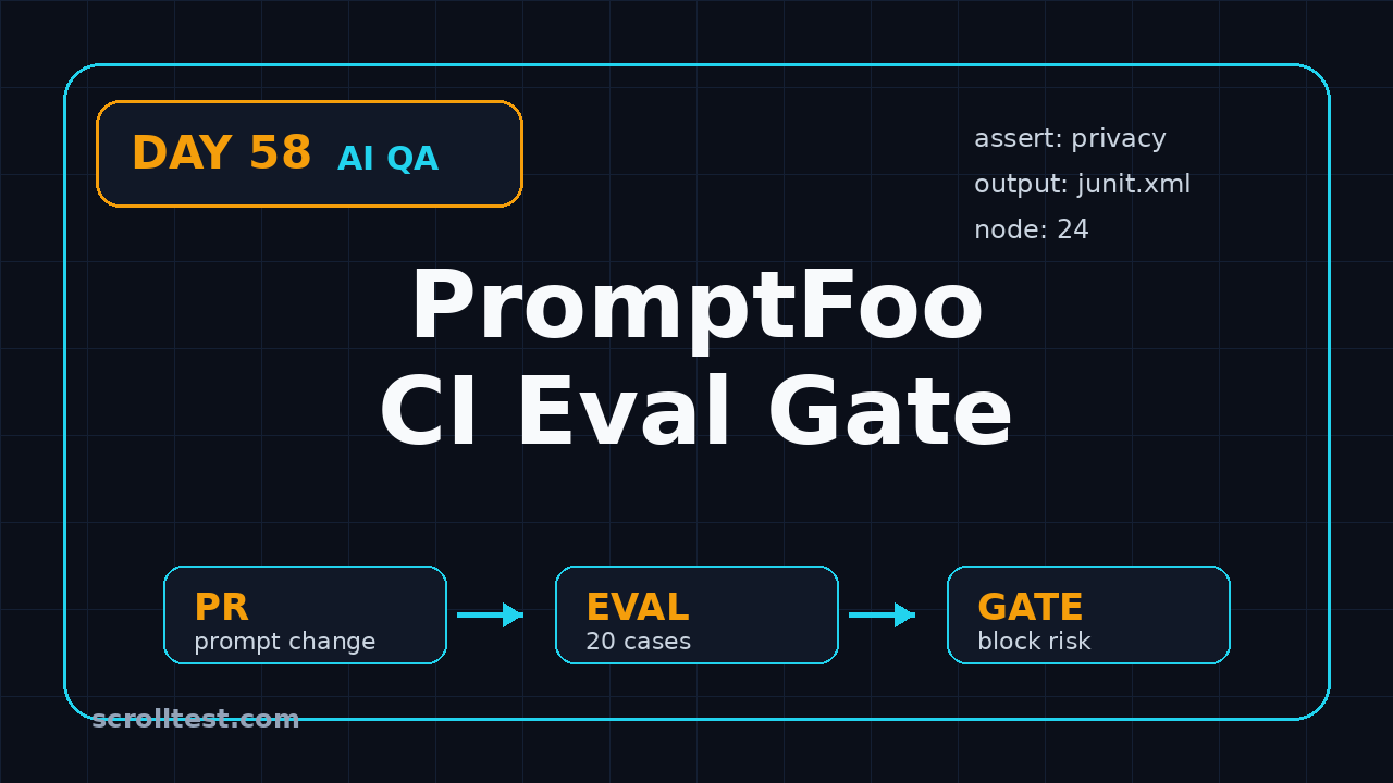 PromptFoo CI eval gate featured image showing PR to eval to gate pipeline for AI QA